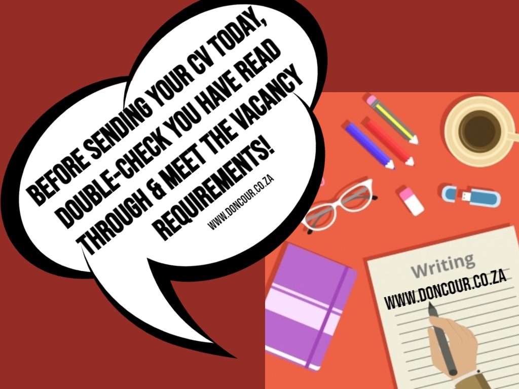 Doncour CV tip in a speech bubble over a desk of stationery: before sending your CV today, double-check that you have read through and meet the vacancy requirements.