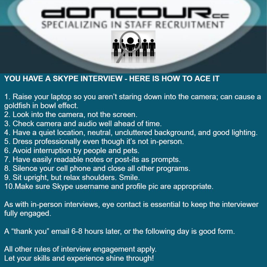 Doncour tips for acing a Skype interview. One, raise your laptop so you are not staring down into the camera, which causes a goldfish-in-a-bowl effect. Two, look into the camera rather than the screen. Three, check camera and audio well ahead of time. Four, use a quiet location with a neutral, uncluttered background and good lighting. Five, dress professionally even though it is not in person. Six, avoid interruptions from people and pets. Seven, keep easily readable notes or sticky notes as prompts. Eight, silence your phone and close other programs. Nine, sit upright but relax your shoulders, and smile. Ten, make sure your Skype username and profile picture are appropriate. As with in-person interviews, eye contact keeps the interviewer engaged, and a thank-you email six to eight hours later or the next day is good form.