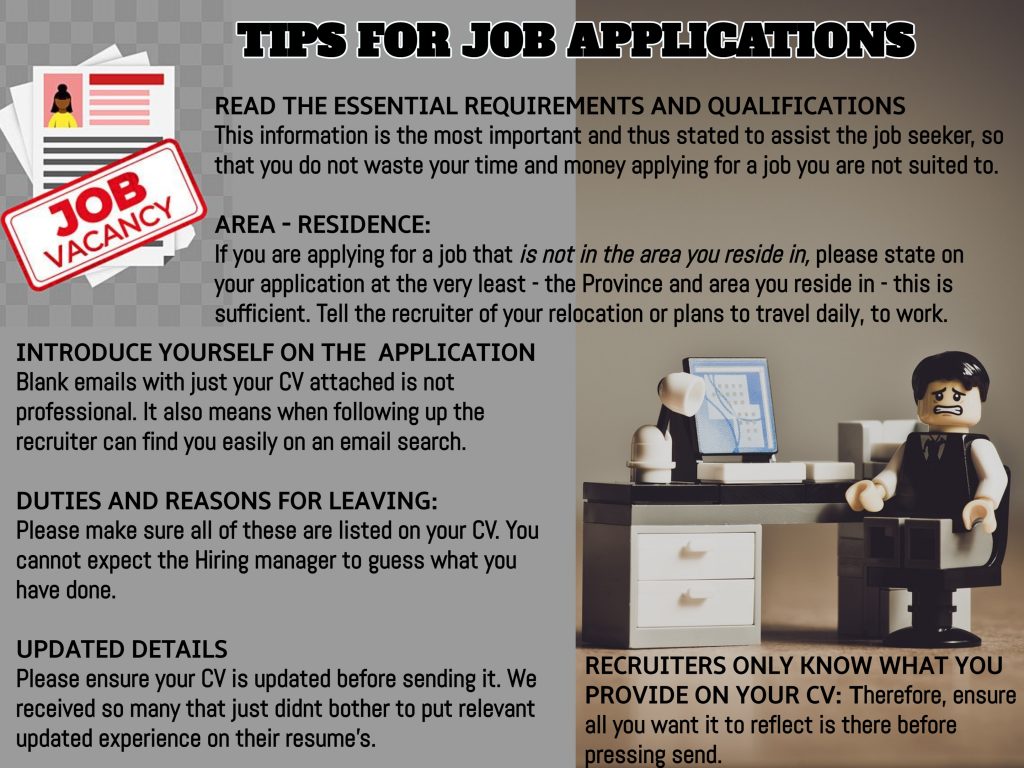 Doncour tips for job applications. Read the essential requirements and qualifications first so you do not waste time applying for a role you are not suited to. If the job is not in your area, state at least the province and area you live in, and mention any plans to relocate or travel daily. Introduce yourself in the application rather than sending a blank email with only a CV attached, which also makes you easier to find later. List your duties and reasons for leaving, as the hiring manager cannot guess what you have done. Update your CV before sending it. Recruiters only know what you put on your CV, so make sure everything you want it to reflect is there before pressing send.